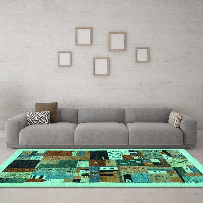 Machine Washable Abstract Turquoise Contemporary Area Rugs in a Living Room,, wshcon1494turq