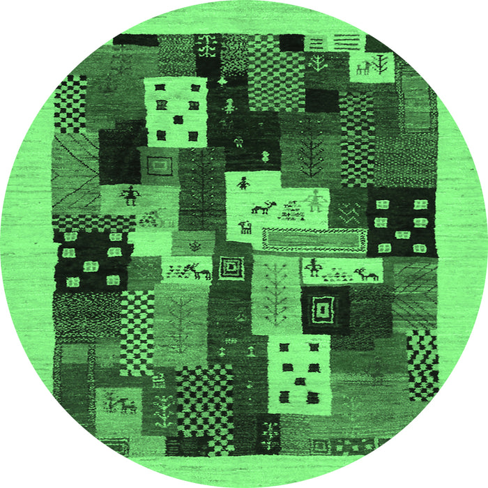 Round Machine Washable Abstract Emerald Green Contemporary Area Rugs, wshcon1497emgrn