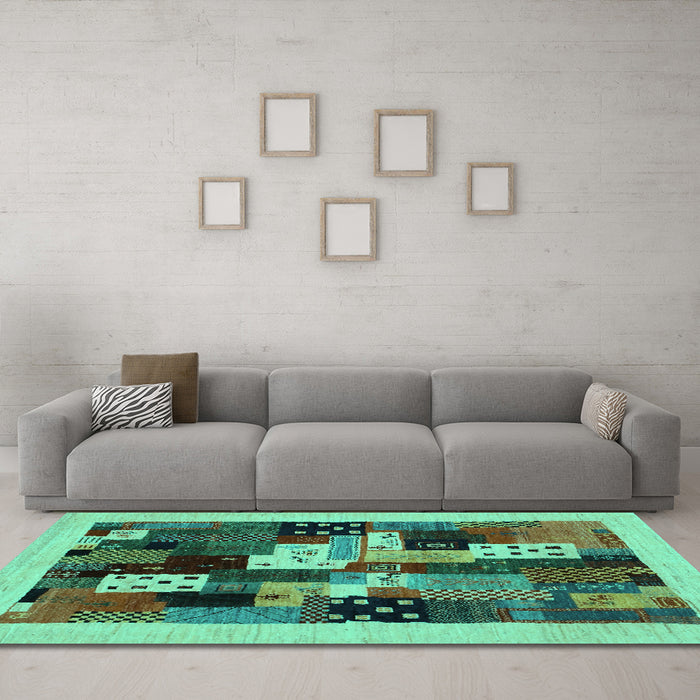 Machine Washable Abstract Turquoise Contemporary Area Rugs in a Living Room,, wshcon1497turq