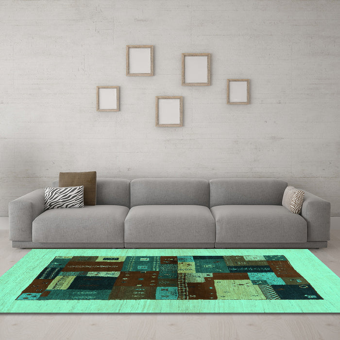Machine Washable Abstract Turquoise Contemporary Area Rugs in a Living Room,, wshcon1498turq