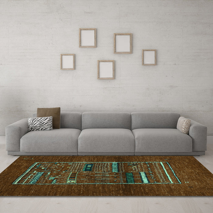 Machine Washable Abstract Turquoise Contemporary Area Rugs in a Living Room,, wshcon1499turq