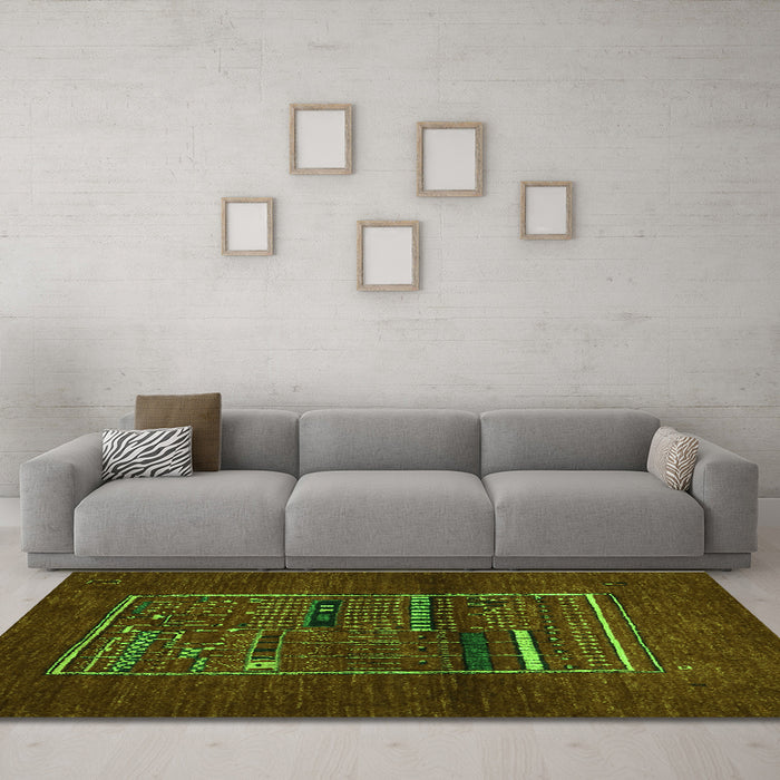 Machine Washable Abstract Green Contemporary Area Rugs in a Living Room,, wshcon1499grn