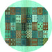 Round Machine Washable Abstract Turquoise Contemporary Area Rugs, wshcon1500turq