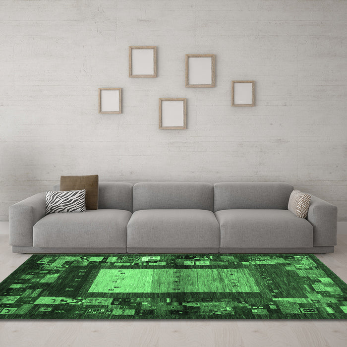 Machine Washable Abstract Emerald Green Contemporary Area Rugs in a Living Room,, wshcon1501emgrn