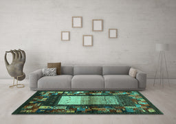 Machine Washable Abstract Turquoise Contemporary Area Rugs in a Living Room,, wshcon1501turq