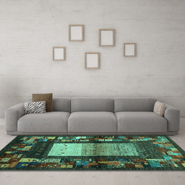 Machine Washable Abstract Turquoise Contemporary Area Rugs in a Living Room,, wshcon1501turq