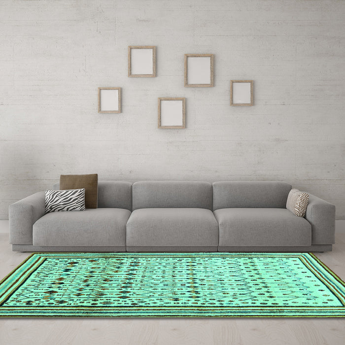 Machine Washable Abstract Turquoise Contemporary Area Rugs in a Living Room,, wshcon1502turq