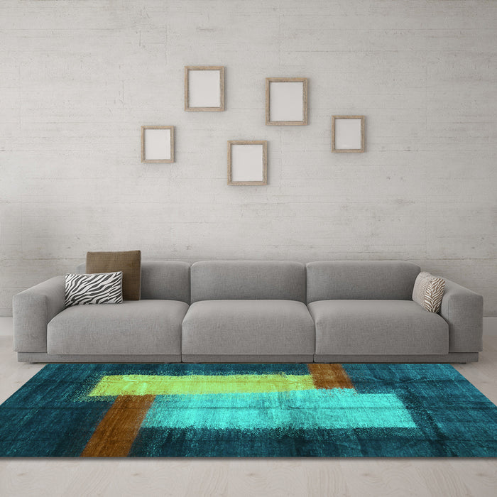 Machine Washable Abstract Turquoise Contemporary Area Rugs in a Living Room,, wshcon1515turq