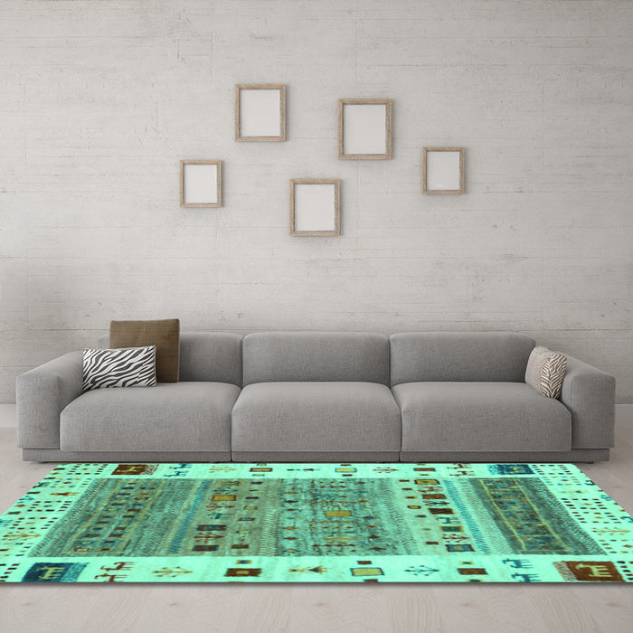 Machine Washable Abstract Turquoise Contemporary Area Rugs in a Living Room,, wshcon1518turq