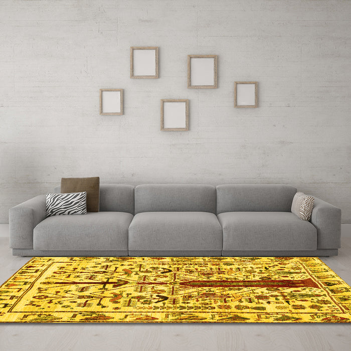 Machine Washable Abstract Yellow Contemporary Rug in a Living Room, wshcon1529yw