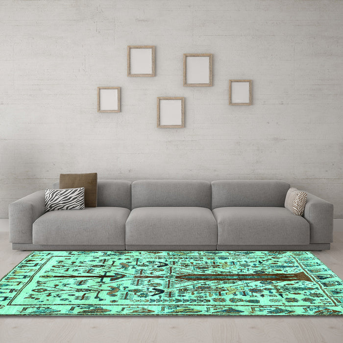 Machine Washable Abstract Turquoise Contemporary Area Rugs in a Living Room,, wshcon1529turq
