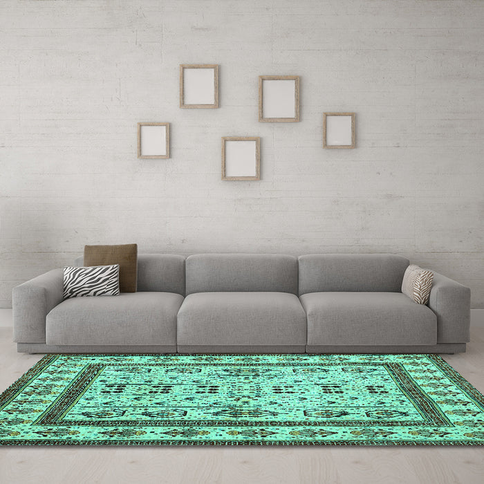 Machine Washable Abstract Turquoise Contemporary Area Rugs in a Living Room,, wshcon1533turq