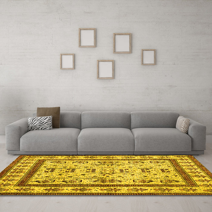 Machine Washable Abstract Yellow Contemporary Rug in a Living Room, wshcon1533yw