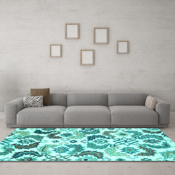 Machine Washable Abstract Turquoise Contemporary Area Rugs in a Living Room,, wshcon1535turq