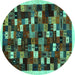 Round Machine Washable Abstract Turquoise Contemporary Area Rugs, wshcon1539turq