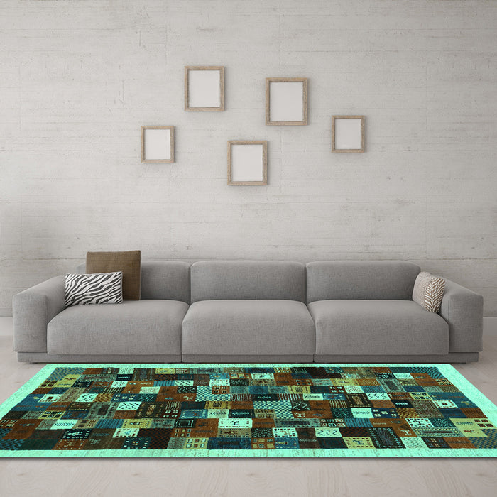 Machine Washable Abstract Turquoise Contemporary Area Rugs in a Living Room,, wshcon1539turq