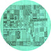 Round Machine Washable Abstract Turquoise Contemporary Area Rugs, wshcon1542turq