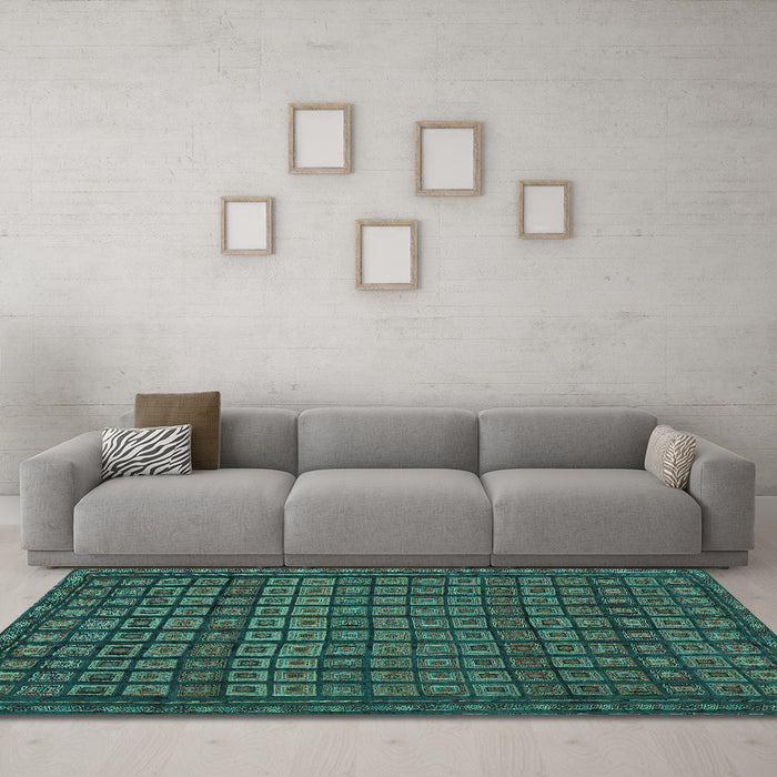 Machine Washable Abstract Turquoise Contemporary Area Rugs in a Living Room,, wshcon1544turq