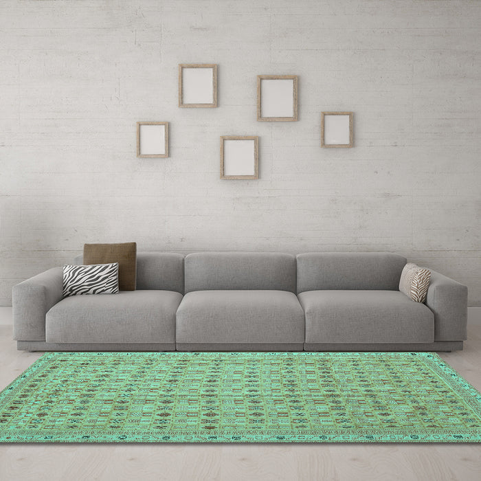 Machine Washable Abstract Turquoise Contemporary Area Rugs in a Living Room,, wshcon1545turq