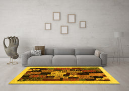 Machine Washable Abstract Yellow Contemporary Rug in a Living Room, wshcon1551yw