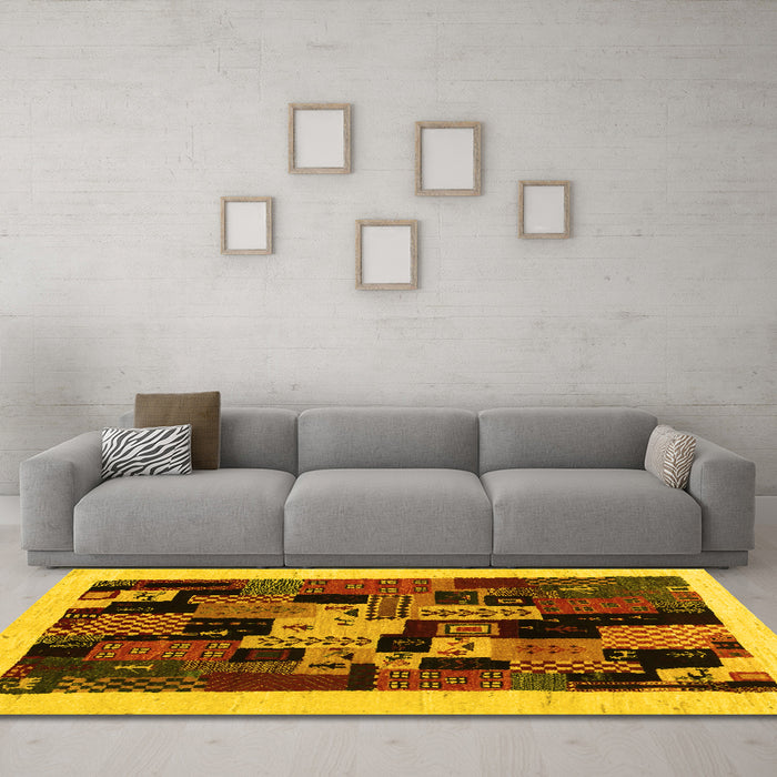 Machine Washable Abstract Yellow Contemporary Rug in a Living Room, wshcon1551yw