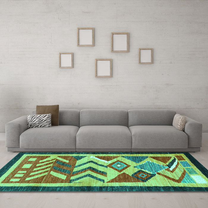 Machine Washable Abstract Turquoise Contemporary Area Rugs in a Living Room,, wshcon1555turq