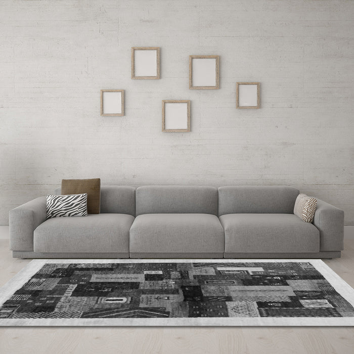 Machine Washable Abstract Gray Contemporary Rug in a Living Room,, wshcon1558gry