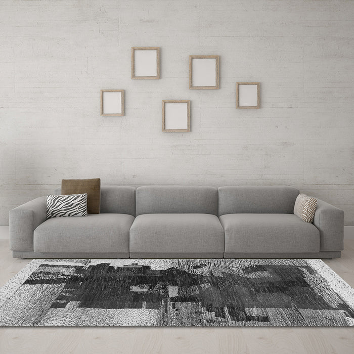 Machine Washable Abstract Gray Contemporary Rug in a Living Room,, wshcon1563gry