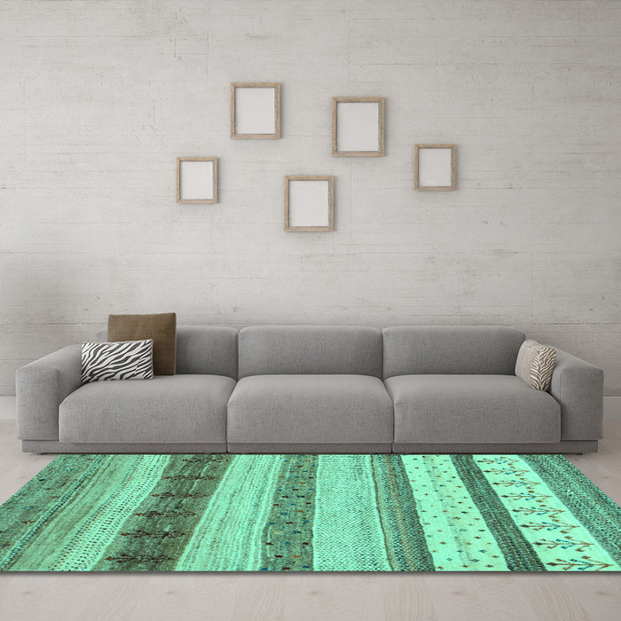 Machine Washable Abstract Turquoise Contemporary Area Rugs in a Living Room,, wshcon1565turq