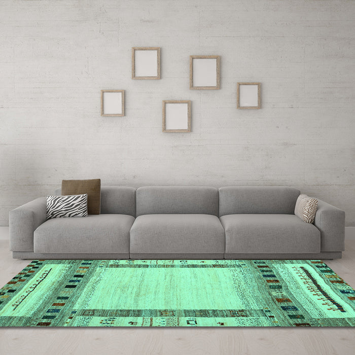 Machine Washable Abstract Turquoise Contemporary Area Rugs in a Living Room,, wshcon1569turq