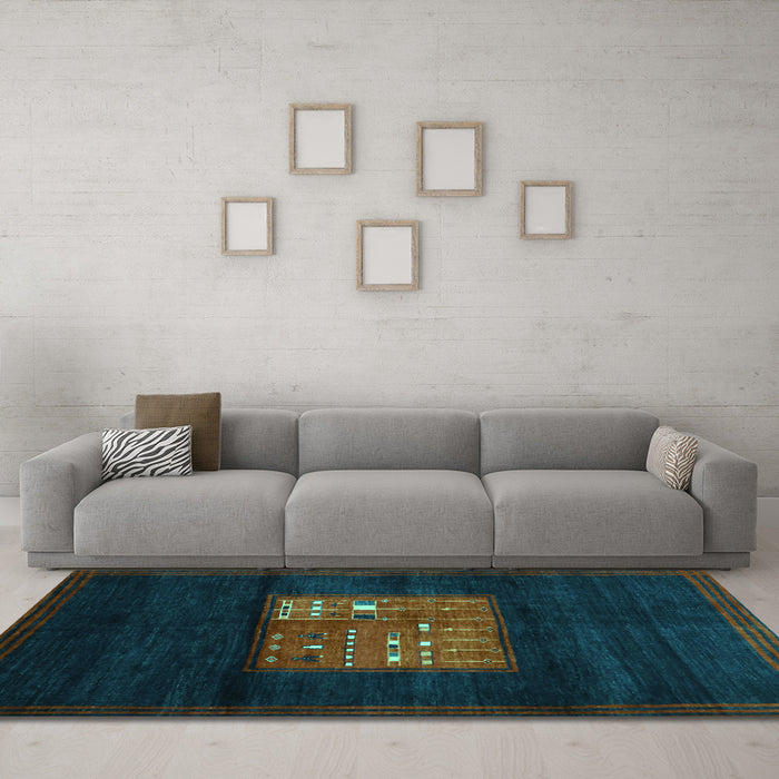 Machine Washable Abstract Turquoise Contemporary Area Rugs in a Living Room,, wshcon1572turq