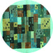 Round Machine Washable Abstract Turquoise Contemporary Area Rugs, wshcon1573turq