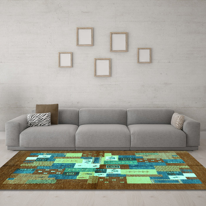 Machine Washable Abstract Turquoise Contemporary Area Rugs in a Living Room,, wshcon1577turq