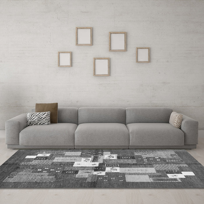 Machine Washable Abstract Gray Contemporary Rug in a Living Room,, wshcon1577gry