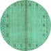 Round Machine Washable Abstract Turquoise Contemporary Area Rugs, wshcon1578turq