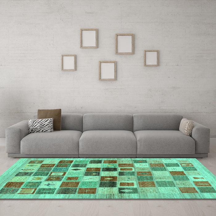 Machine Washable Abstract Turquoise Contemporary Area Rugs in a Living Room,, wshcon1581turq