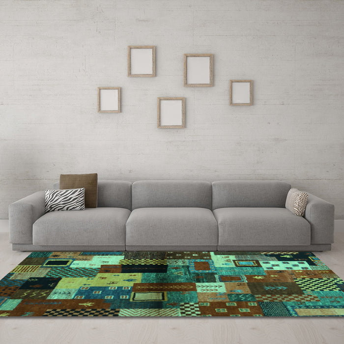 Machine Washable Abstract Turquoise Contemporary Area Rugs in a Living Room,, wshcon1584turq