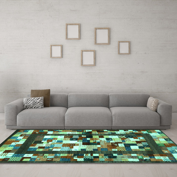 Machine Washable Abstract Turquoise Contemporary Area Rugs in a Living Room,, wshcon1585turq