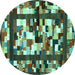 Round Machine Washable Abstract Turquoise Contemporary Area Rugs, wshcon1585turq