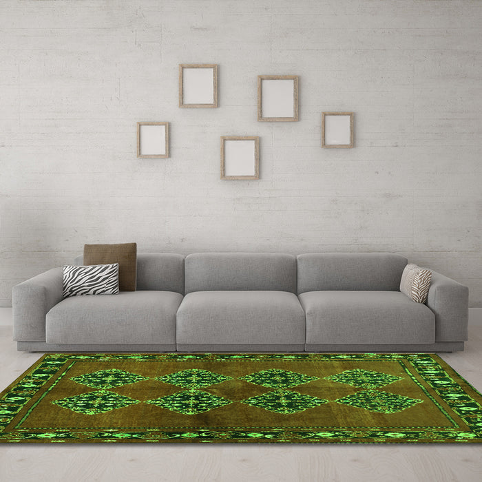 Machine Washable Abstract Green Contemporary Area Rugs in a Living Room,, wshcon1588grn