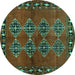 Round Machine Washable Abstract Turquoise Contemporary Area Rugs, wshcon1588turq