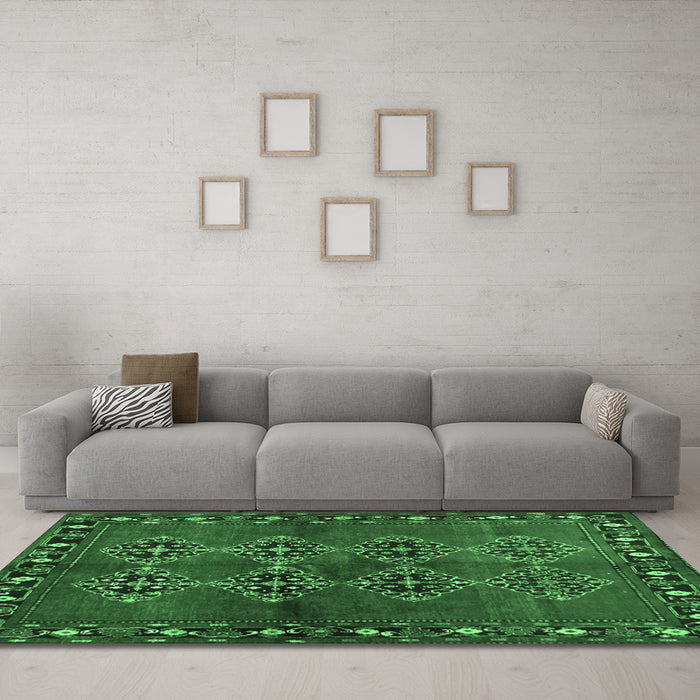 Machine Washable Abstract Emerald Green Contemporary Area Rugs in a Living Room,, wshcon1588emgrn