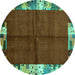 Round Machine Washable Abstract Turquoise Contemporary Area Rugs, wshcon1589turq