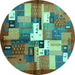 Round Machine Washable Abstract Turquoise Contemporary Area Rugs, wshcon1590turq