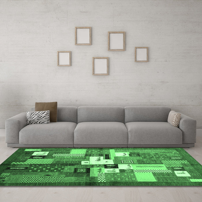 Machine Washable Abstract Emerald Green Contemporary Area Rugs in a Living Room,, wshcon1590emgrn