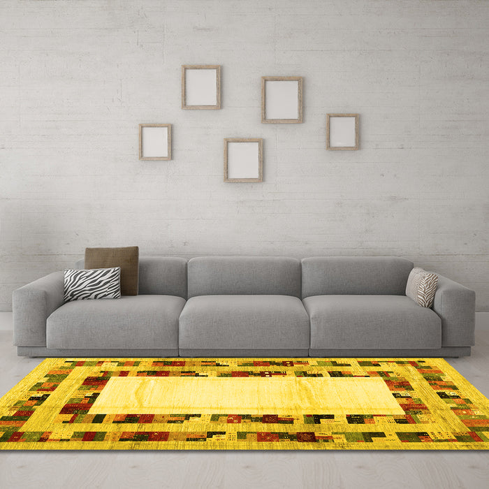 Machine Washable Abstract Yellow Contemporary Rug in a Living Room, wshcon1591yw