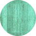 Round Machine Washable Abstract Turquoise Contemporary Area Rugs, wshcon1595turq