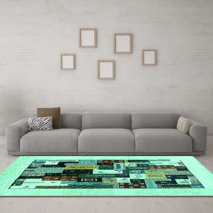 Machine Washable Abstract Turquoise Contemporary Area Rugs in a Living Room,, wshcon1596turq