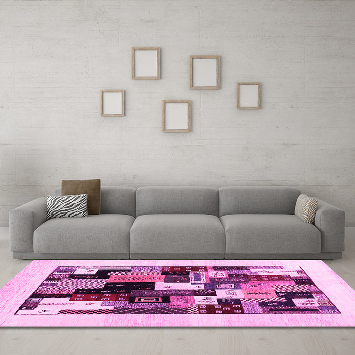 Machine Washable Abstract Pink Contemporary Rug in a Living Room, wshcon1596pnk