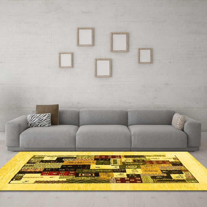 Machine Washable Abstract Yellow Contemporary Rug in a Living Room, wshcon1596yw